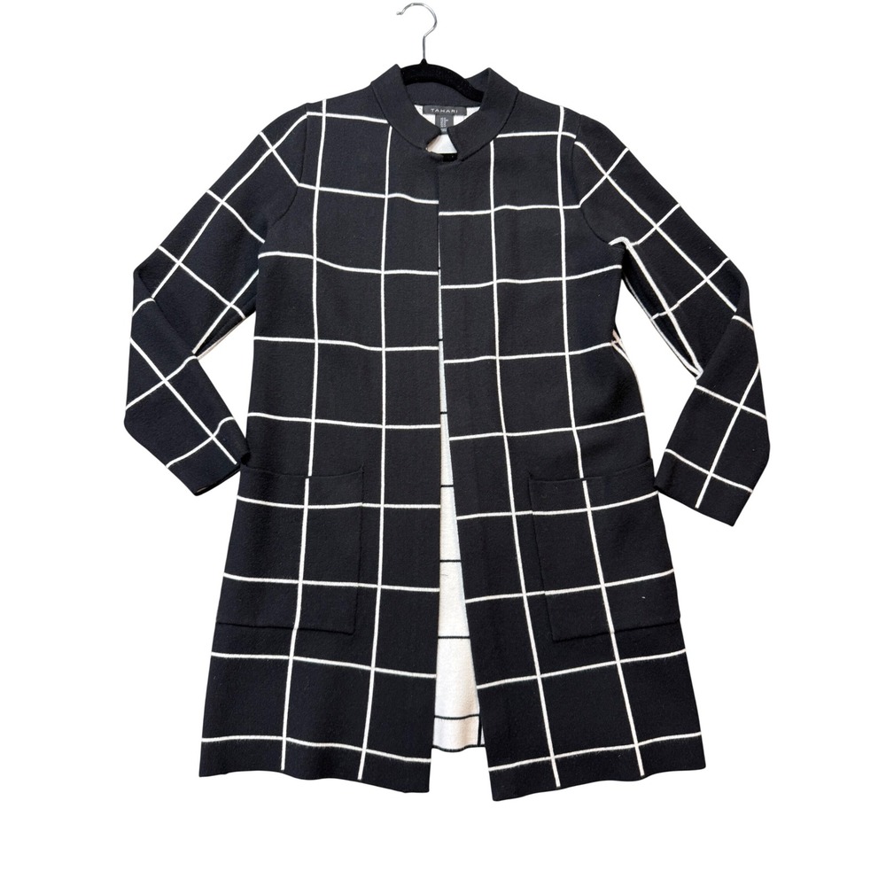 Tahari Cardigan Duster Coat Women Medium Black Excellent Windowpane Grid Open